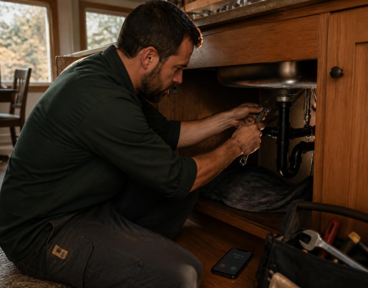 Plumber working under a kitchen sink while his phone rings on the floor beside him